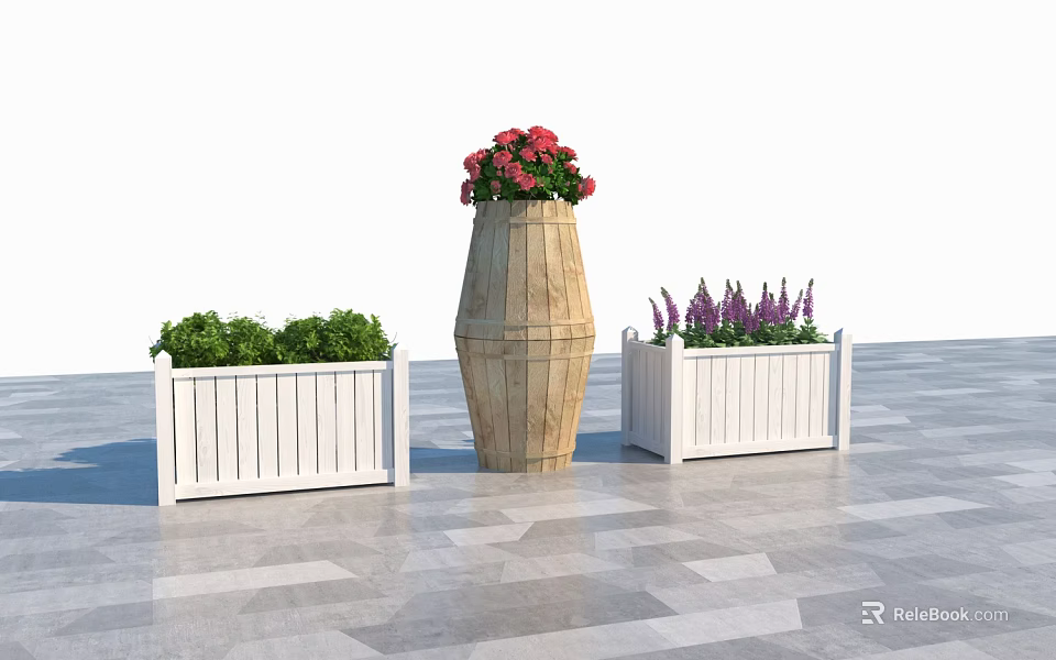 Modern Garden Decor with Wooden Planter White Flower Boxes and Colorful Plants 3d model 