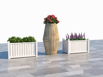Modern Garden Decor with Wooden Planter White Flower Boxes and Colorful Plants 3d model