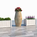 Modern Garden Decor with Wooden Planter White Flower Boxes and Colorful Plants