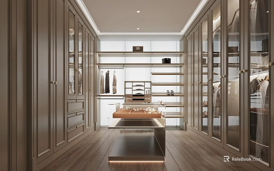 Modern Walk in Closet Interior With Wooden Cabinetry Shelves And Island 3d model 