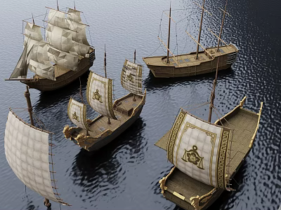 Wooden Boats Floating on Calm Water With White Sails and Decorative Details 3d model