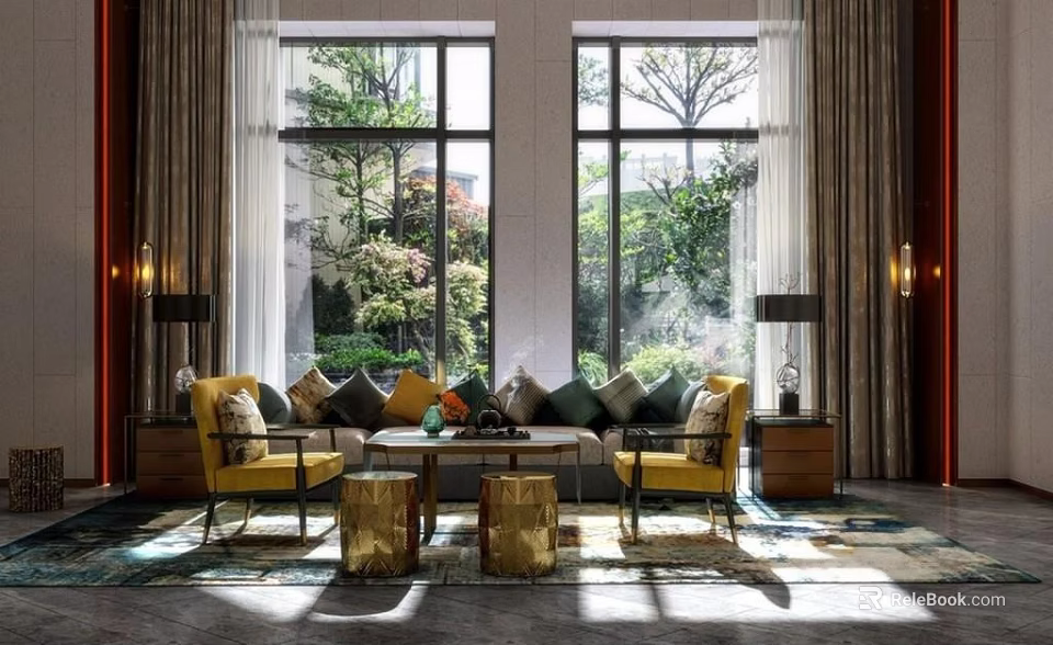 Elegant Yellow Armchairs And Coffee Table Set With Large Windows Green Plants And Area Rug 3d model 