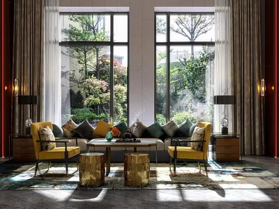 Elegant Yellow Armchairs And Coffee Table Set With Large Windows Green Plants And Area Rug 3d model