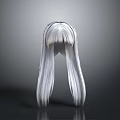 Game and Movie Character Back View with Silver White Long Layered Hair Gray Background Reflection
