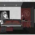 Modern Bedroom Interior With Black And White Portrait Orange Pillows Neon Sign And Pink Chair