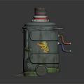 Cylindrical Industrial Equipment With Red Top Door Blue Display Yellow Black Warning Stripes And Wheels