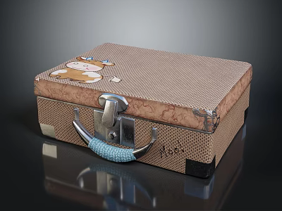 Vintage Suitcase With Brown Grid Pattern Cartoon Bear Design Blue Handle And Metal Lock 3d model