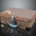 Vintage Suitcase With Brown Grid Pattern Cartoon Bear Design Blue Handle And Metal Lock