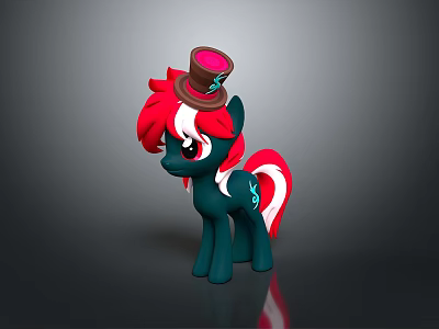 Cartoon Pony Character With Dark Green Body Red White Mane Tail And Brown Top Hat 3d model
