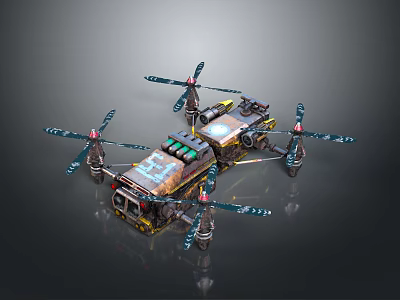 Steampunk Hexacopter Drone With Blue Propellers Mechanical Details And Battery Units 3d model