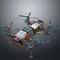 Steampunk Hexacopter Drone With Blue Propellers Mechanical Details And Battery Units