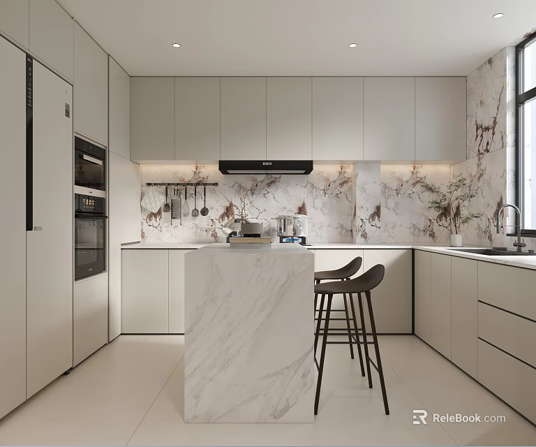 Modern Kitchen Interior With Marble Backsplash Island Light Gray Cabinets And Bar Stools 3d model