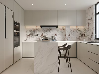 Modern Kitchen Interior With Marble Backsplash Island Light Gray Cabinets And Bar Stools 3d model