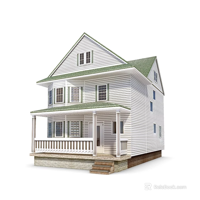 Two Story Single Family Home With White Siding Green Roof And Front Porch 3d model 