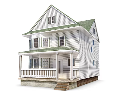 Two Story Single Family Home With White Siding Green Roof And Front Porch 3d model