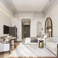 Elegant Modern Bedroom Interior With Arched Rattan Headboard Pendant Lights And Sofa
