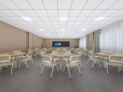 School Modern Classroom with Spacious Layout Wooden Walls White Ceiling Lights and Large Screen 3d model