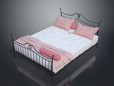 Simple Modern Black Metal Bed With White Mattress Pink Pillows Sheets And Bolster 3d model
