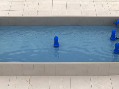 Industrial Equipment Blue Cylindrical Devices In Water Tank With Light Colored Tiled Floor 3d model