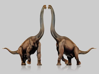 Two Brown Prehistoric Long Neck Reptiles Standing Face To Face On Gray Background 3d model