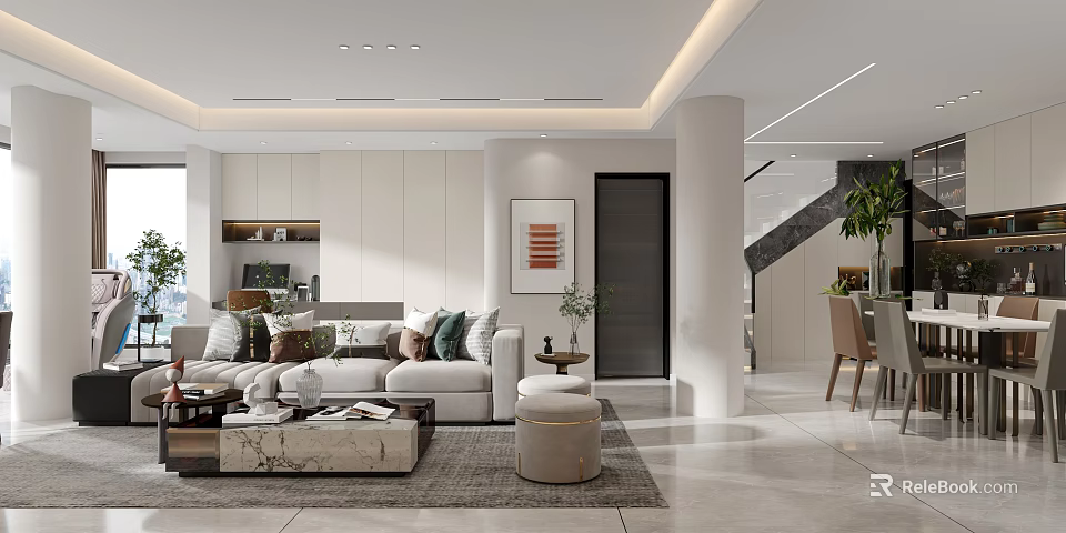 Modern Living And Dining Room Interior Featuring Sofa Coffee Table Artwork Rug And Open Layout 3d model