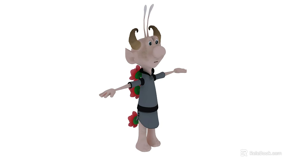 Game and Movie Character With Horns Antennas Gray Outfit Red Green Back Decorations Outstretched Arms 3d model 