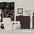 White Single Sofa in Space with Black Screen Gold Patterns Black Drawer Cabinet Red Decor