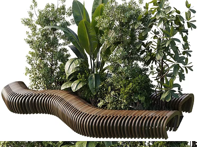 Plant Combination with Diverse Greenery and Curved Wooden Structure in Outdoor Garden Setting 3d model