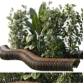 Plant Combination with Diverse Greenery and Curved Wooden Structure in Outdoor Garden Setting