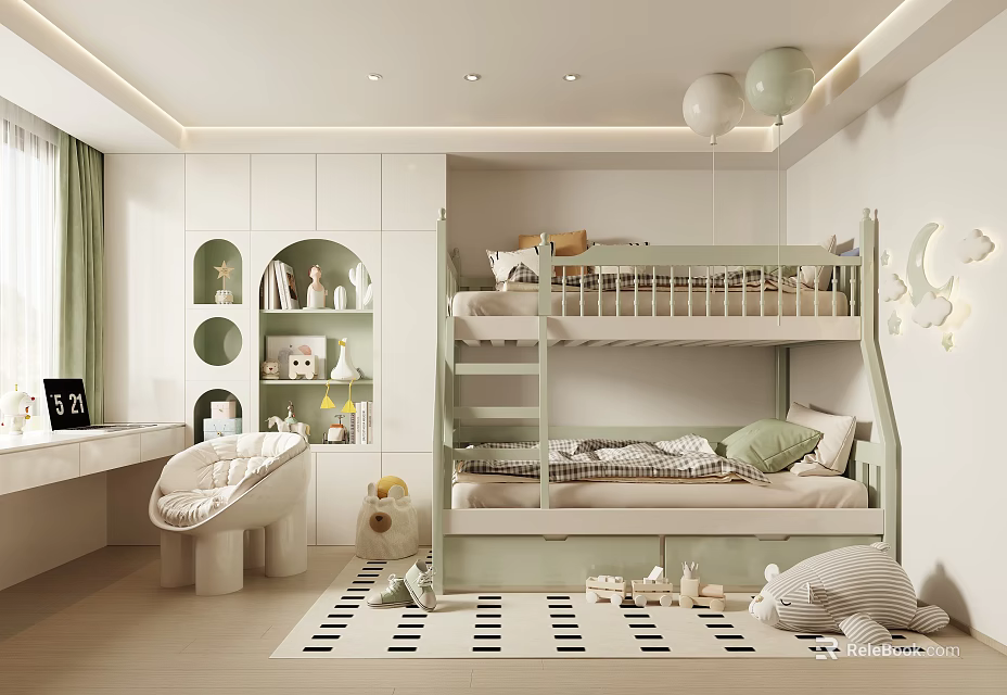 Kids Room Interior Design With Light Green Bunk Bed Desk Chair And Toys 3d model 