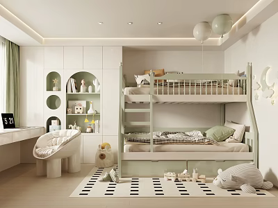 Kids Room Interior Design With Light Green Bunk Bed Desk Chair And Toys 3d model