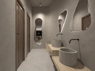 Modern Public Toilet Interior Design With Concrete Wash Basins And Mirrors 3d model