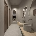 Modern Public Toilet Interior Design With Concrete Wash Basins And Mirrors