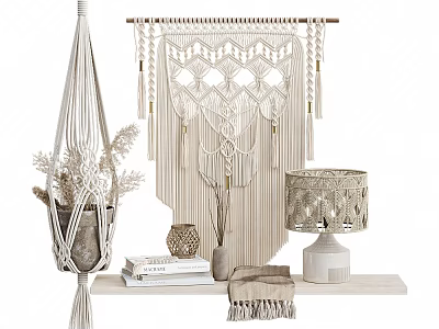 Bohemian Decorative Ornament Set With Macramé Wall Hanging Plant Hanger Lamp And Shelf Decor 3d model