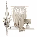 Bohemian Decorative Ornament Set With Macramé Wall Hanging Plant Hanger Lamp And Shelf Decor