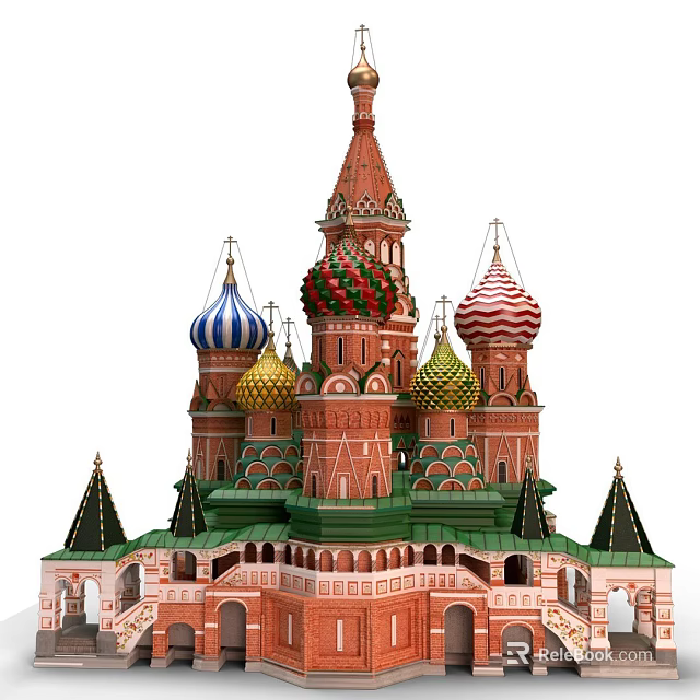 Ancient Russian Architecture With Colorful Domes Red Walls And Green Base 3d model 