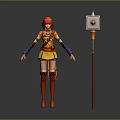 Anime Style Character With Red Hair Orange Yellow Outfit And Mechanical Creature With Lamp Like Head