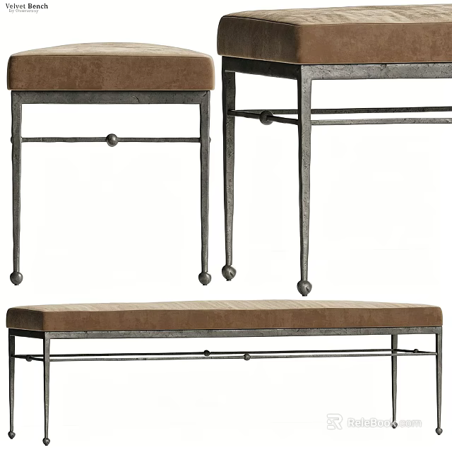 Brown Padded Bed Bench With Metal Frame And Decorative Balls 3d model 