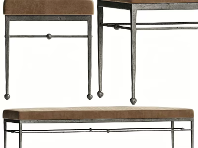 Brown Padded Bed Bench With Metal Frame And Decorative Balls 3d model