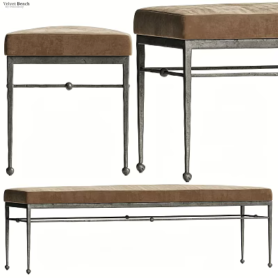 Brown Padded Bed Bench With Metal Frame And Decorative Balls 3d model