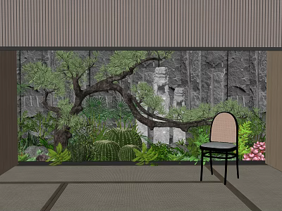 Indoor Courtyard Garden With Rock Stone Wall Lush Green Plants And Accent Chair 3d model