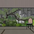 Indoor Courtyard Garden With Rock Stone Wall Lush Green Plants And Accent Chair