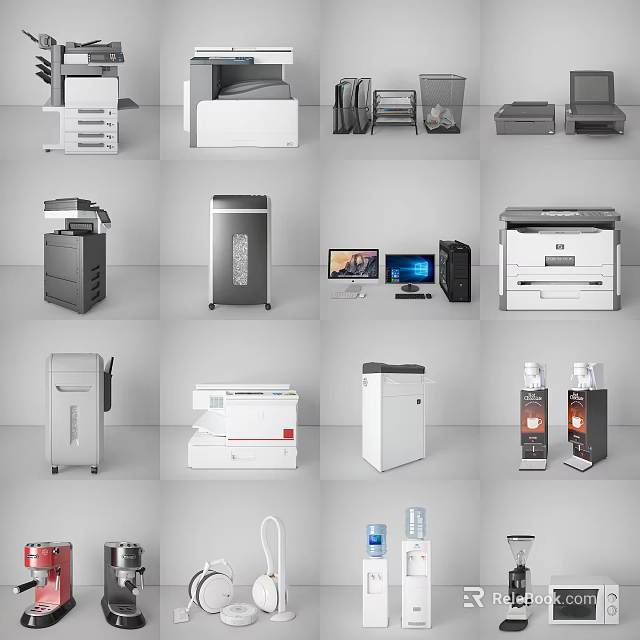 Essential Modern Office Appliances For Efficient Workplace With Printers Copiers Shredders And Computers 3d model