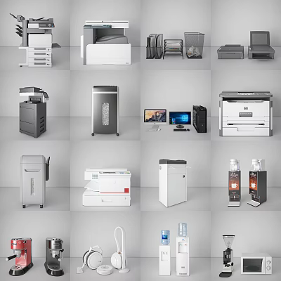 Essential Modern Office Appliances For Efficient Workplace With Printers Copiers Shredders And Computers 3d model