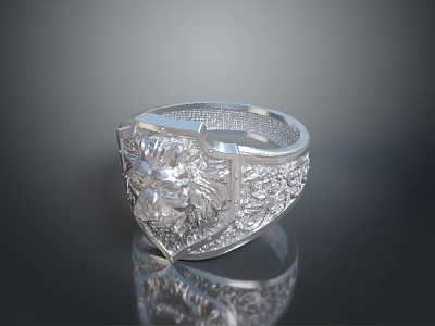 Silver Lion Head Designed Ring As Men's Fashion Accessory With Intricate Patterns 3d model