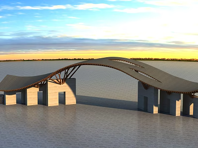 Modern Architectural Gateway With Curved Roof Design Over Waterfront Sunset View 3d model