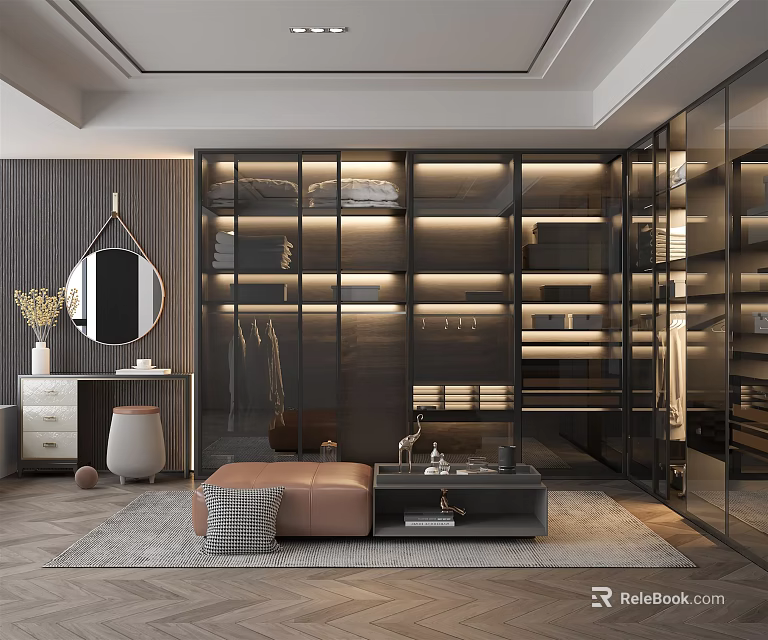 Modern Luxurious Walk in Closet Interior With Glass Doors And LED Lighting 3d model 