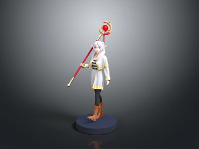3D Character Model With White Coat Yellow Pants Brown Boots Red Staff And Blue Base 3d model