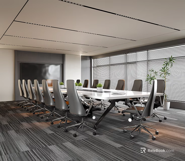 Modern Conference Room Interior With Long Table Multiple Chairs Large Windows And Blinds 3d model 