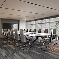 Modern Conference Room Interior With Long Table Multiple Chairs Large Windows And Blinds 3d model